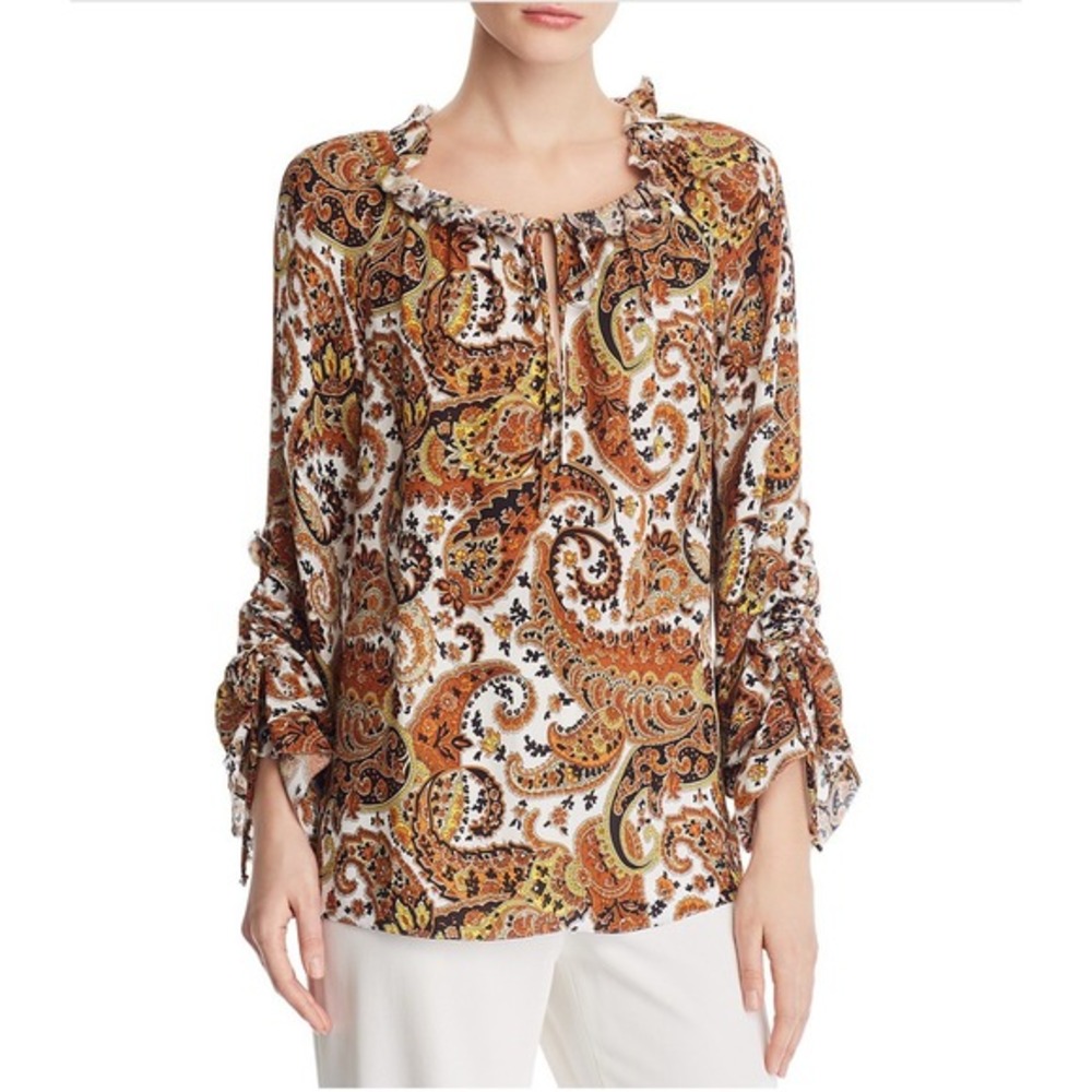 Kobi Halperin Women's Small Silk Peasant Top Brown Paisley Ruffle Ruched Boho